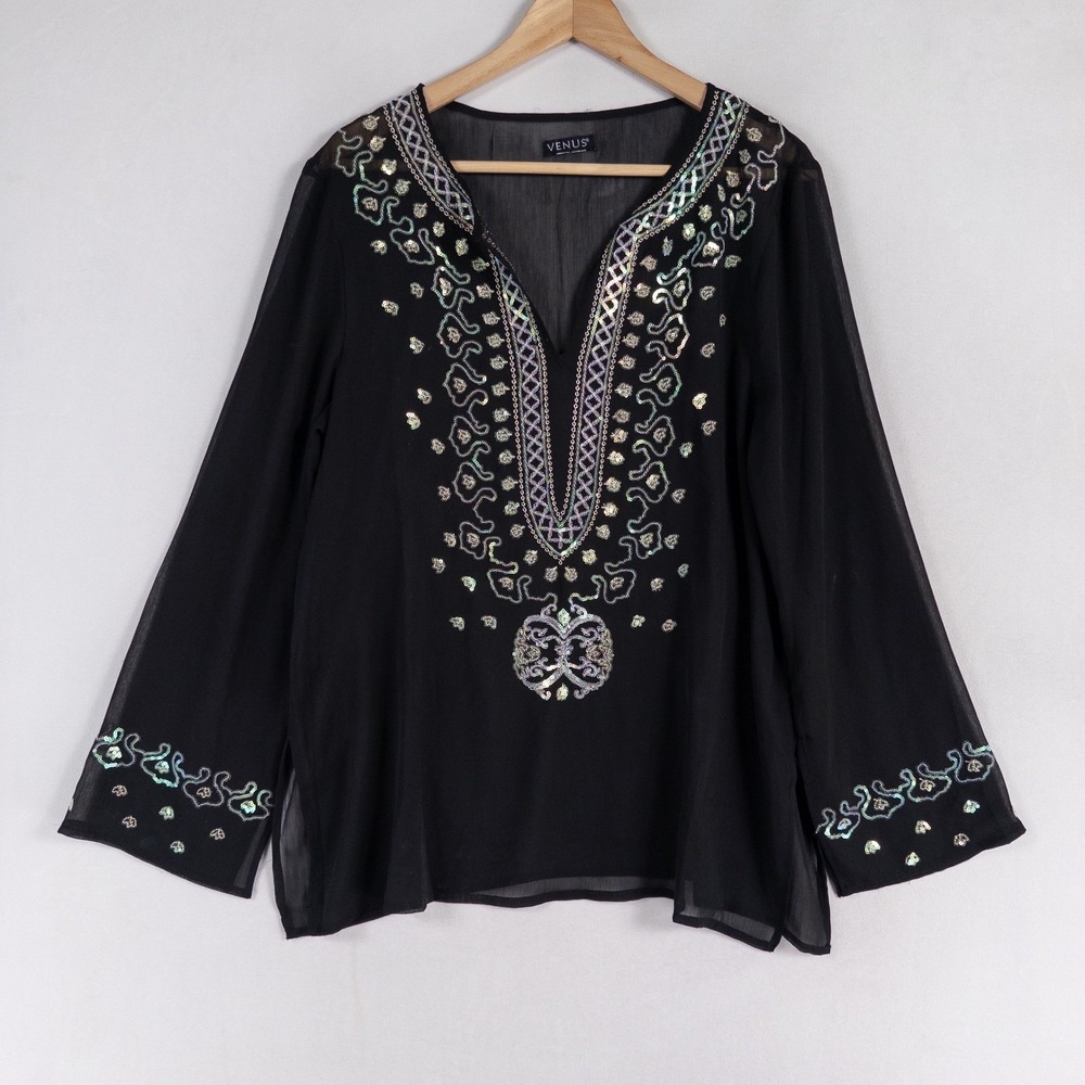 Venus Sequin Embroidered Tunic Blouse One Size Black Flowy Sheer Boho Indie
